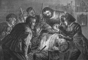 Medieval picture of dentist treating patient